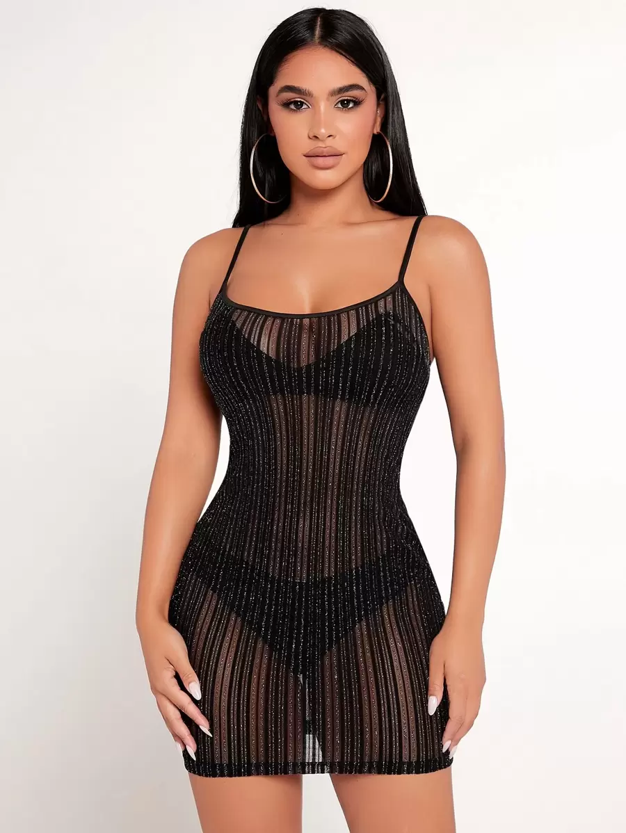 SHEIN PETITE See Through Mesh Bodycon Dress Without Lingerie - Black - View 1