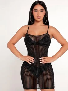 SHEIN PETITE See Through Mesh Bodycon Dress Without Lingerie - Black - View 6