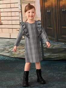 SHEIN Young Girl Casual Knitted Soft Black And White Plaid Round Neck Ruffle Hem Straight Dress - Black and White - View 4