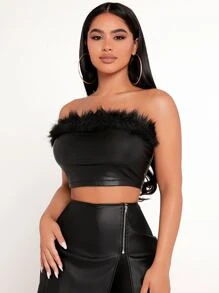 SHEIN PETITE Fuzzy Trim PU Leather Tube Going Out Black Top