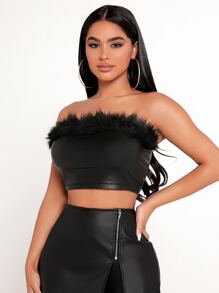 SHEIN PETITE Fuzzy Trim PU Leather Tube Going Out Black Top