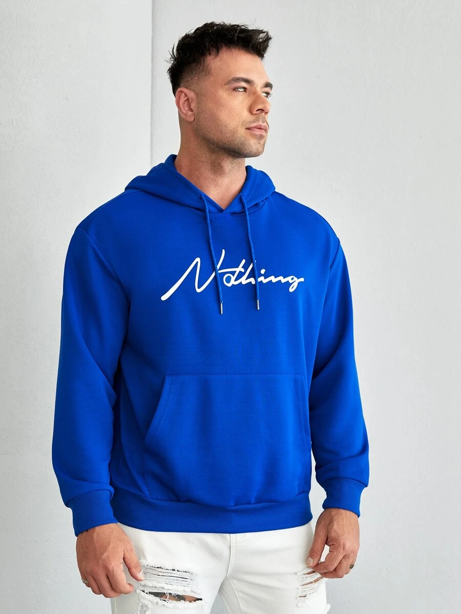 EASEVO Men Plus Letter Graphic Kangaroo Pocket Drawstring Hoodie - Royal Blue - View 1