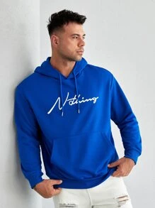 EASEVO Men Plus Letter Graphic Kangaroo Pocket Drawstring Hoodie - Royal Blue - View 3