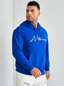 EASEVO Men Plus Letter Graphic Kangaroo Pocket Drawstring Hoodie - Royal Blue - View 6