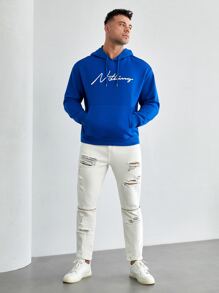 EASEVO Men Plus Letter Graphic Kangaroo Pocket Drawstring Hoodie - Royal Blue - View 7