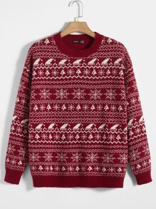 Manfinity Hombres Jersey Navidad con patrón de copo de nieve de hombros caídos - Burdeos - Ver 2