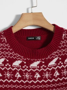 Manfinity Hombres Jersey Navidad con patrón de copo de nieve de hombros caídos - Burdeos - Ver 4
