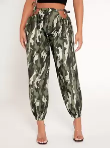 SHEIN PETITE Camo Print Cut Out Knot Side Trousers - Multicolor - View 1