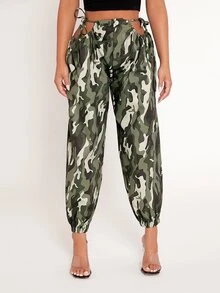 SHEIN PETITE Camo Print Cut Out Knot Side Trousers - Multicolor - View 3