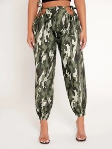 SHEIN PETITE Camo Print Cut Out Knot Side Trousers - Multicolor - View 5