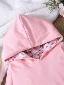 Baby Girl Floral Print Kangaroo Pocket Hooded Bodysuit With Pants - Multicolor - View 3