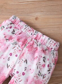 Baby Girl Floral Print Kangaroo Pocket Hooded Bodysuit With Pants - Multicolor - View 7