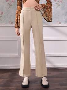 SHEIN MOD High Waist Seam Detail Flare Leg Pants - Beige - View 1
