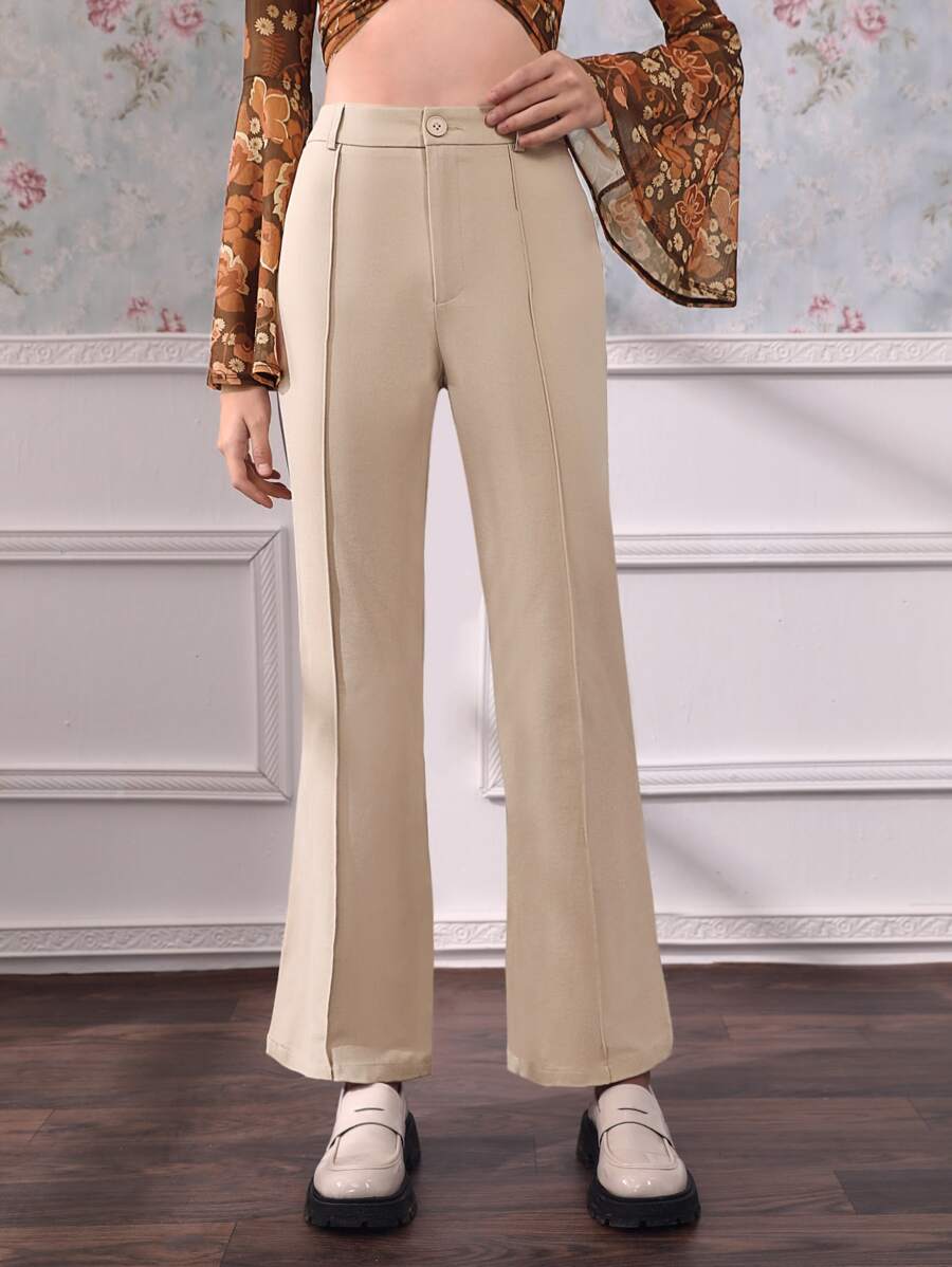 SHEIN MOD High Waist Seam Detail Flare Leg Pants - Beige - View 1