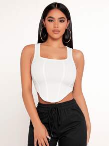 SHEIN PETITE Solid Curved Hem Tank Top - White - View 1