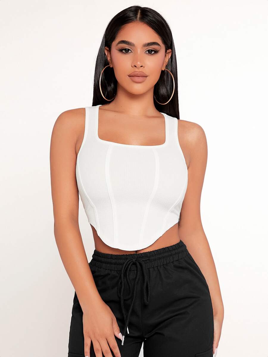 SHEIN PETITE Solid Curved Hem Tank Top - White - View 1