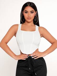 SHEIN PETITE Solid Curved Hem Tank Top - White - View 3