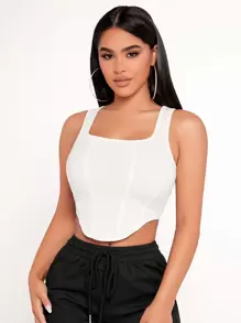 SHEIN PETITE Solid Curved Hem Tank Top - White - View 5