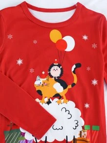 Girls Christmas Cartoon & Slogan Graphic Snug Fit PJ Set - Red - View 4