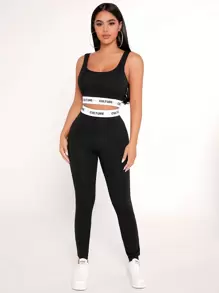 SHEIN PETITE Letter Tape Crop Tank Top & Leggings Set - Black - View 1