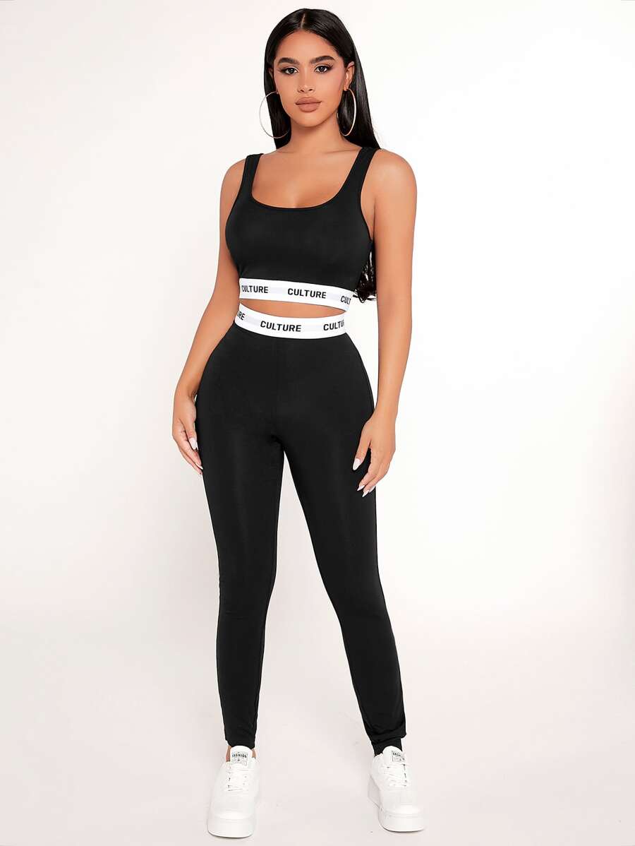 SHEIN PETITE Letter Tape Crop Tank Top & Leggings Set - Black - View 1