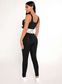 SHEIN PETITE Letter Tape Crop Tank Top & Leggings Set - Black - View 2