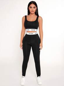 SHEIN PETITE Letter Tape Crop Tank Top & Leggings Set - Black - View 3
