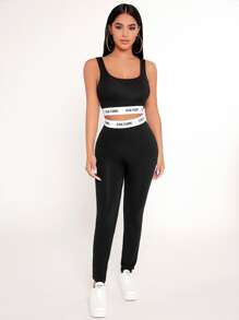 SHEIN PETITE Letter Tape Crop Tank Top & Leggings Set - Black - View 4