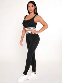 SHEIN PETITE Letter Tape Crop Tank Top & Leggings Set - Black - View 5