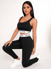 SHEIN PETITE Letter Tape Crop Tank Top & Leggings Set - Black - View 6