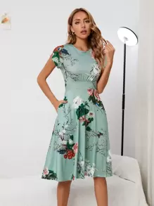 印花斜口袋A字連衣裙 - 薄荷綠 - 查看 1