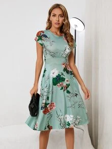 印花斜口袋A字連衣裙 - 薄荷綠 - 查看 6