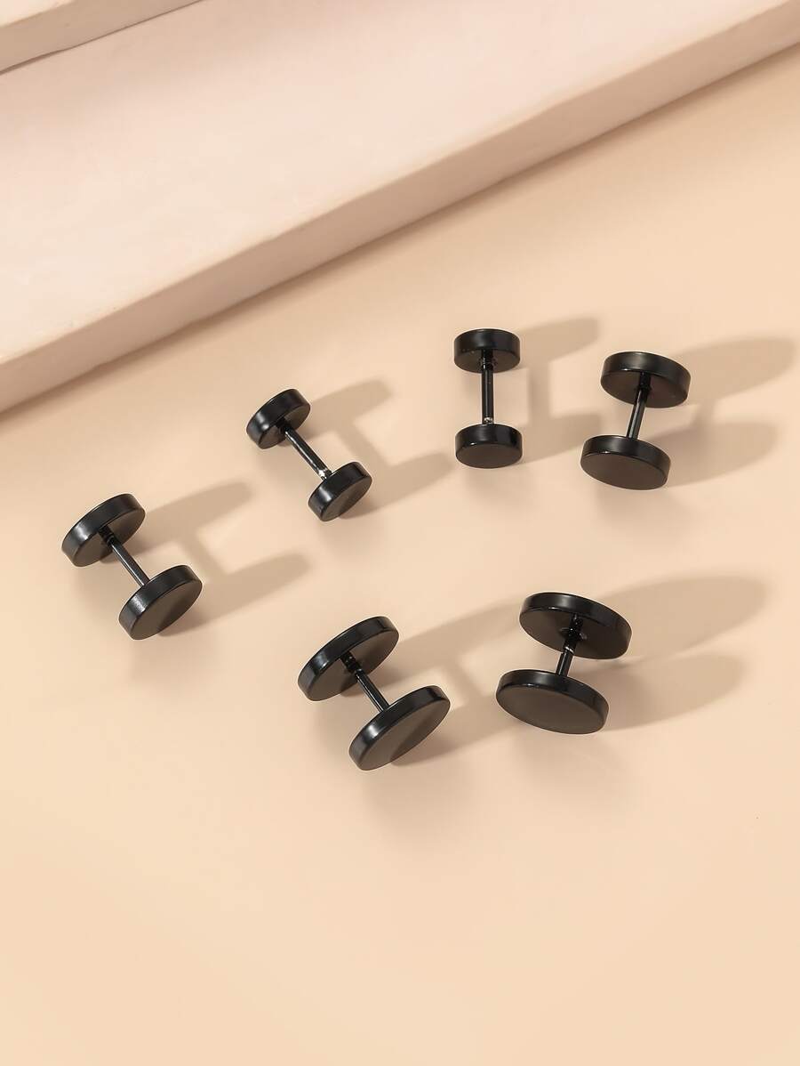 3pairs Round Design Stud Earrings - Black - View 1