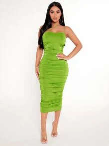 SHEIN PETITE Vestido ajustado tubo fruncido - Verde Lima - Ver 4