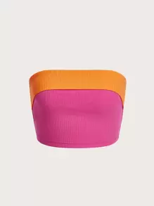 SHEIN EZwear Top bandeau de color combinado tejido de canalé - Naranja - Ver 1
