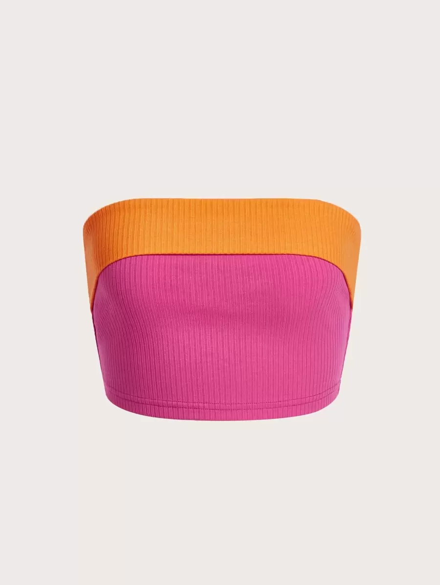 SHEIN EZwear Top bandeau de color combinado tejido de canalé - Naranja - Ver 1