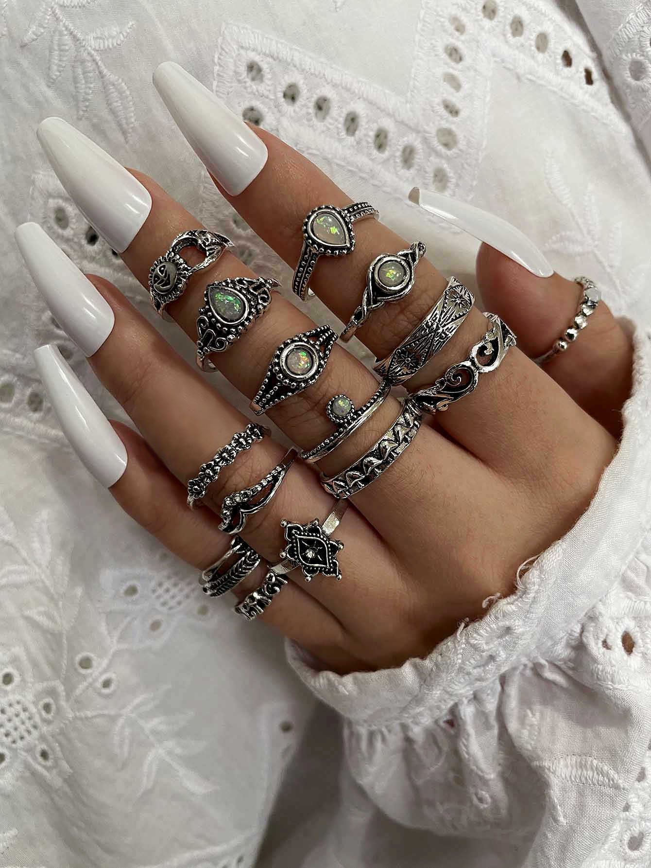 15pcs Gemstone & Rhinestone Decor Ring