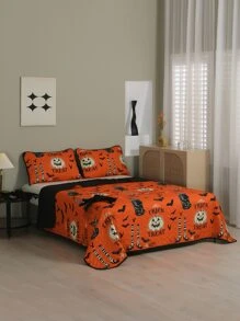 Halloween Pumpkin & Slogan Graphic Bedspread Set - Orange - View 1