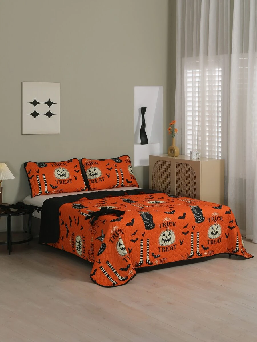 Halloween Pumpkin & Slogan Graphic Bedspread Set - Orange - View 1