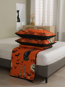 Halloween Pumpkin & Slogan Graphic Bedspread Set - Orange - View 2