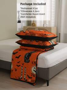 Halloween Pumpkin & Slogan Graphic Bedspread Set - Orange - View 3