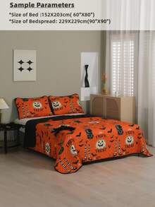 Halloween Pumpkin & Slogan Graphic Bedspread Set - Orange - View 4