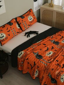 Halloween Pumpkin & Slogan Graphic Bedspread Set - Orange - View 7