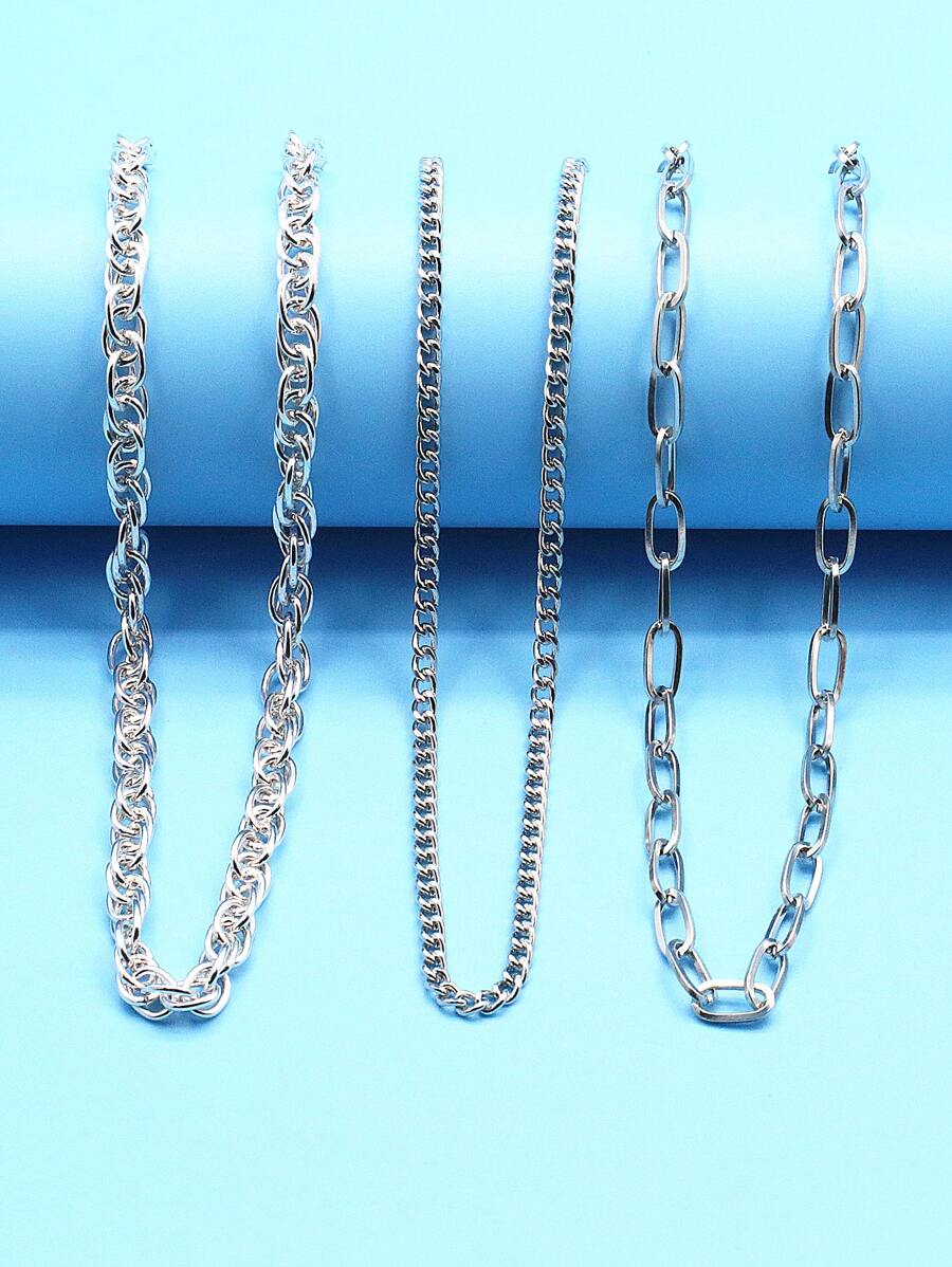 3入組極簡風格鏈條樣式項鍊 - 銀色 - 查看 1