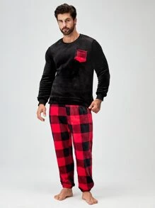 Men Buffalo Plaid Patched Pocket PJ Set / Pajama Set - Multicolor - View 3