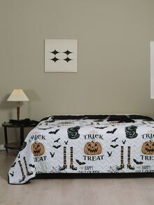 Halloween Pumpkin & Slogan Graphic Bedspread Set - Black and White - View 4