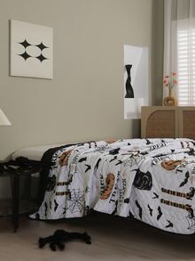Halloween Pumpkin & Slogan Graphic Bedspread Set - Black and White - View 6