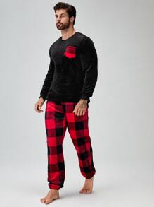 Men Buffalo Plaid Patched Pocket PJ Set / Pajama Set - Multicolor - View 1