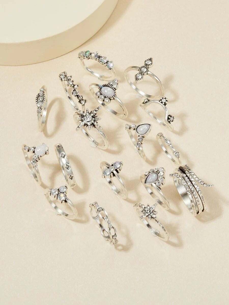 17pcs Rhinestone Decorated Fashion Ring Set - Silver - View 1