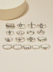 17pcs Rhinestone Decorated Fashion Ring Set - Silver - View 2